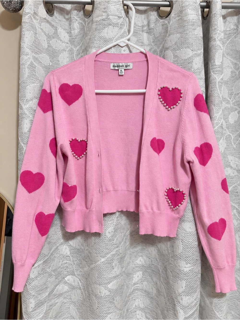 Madden Girl Pink Cropped Heart-Embellished Cardigan